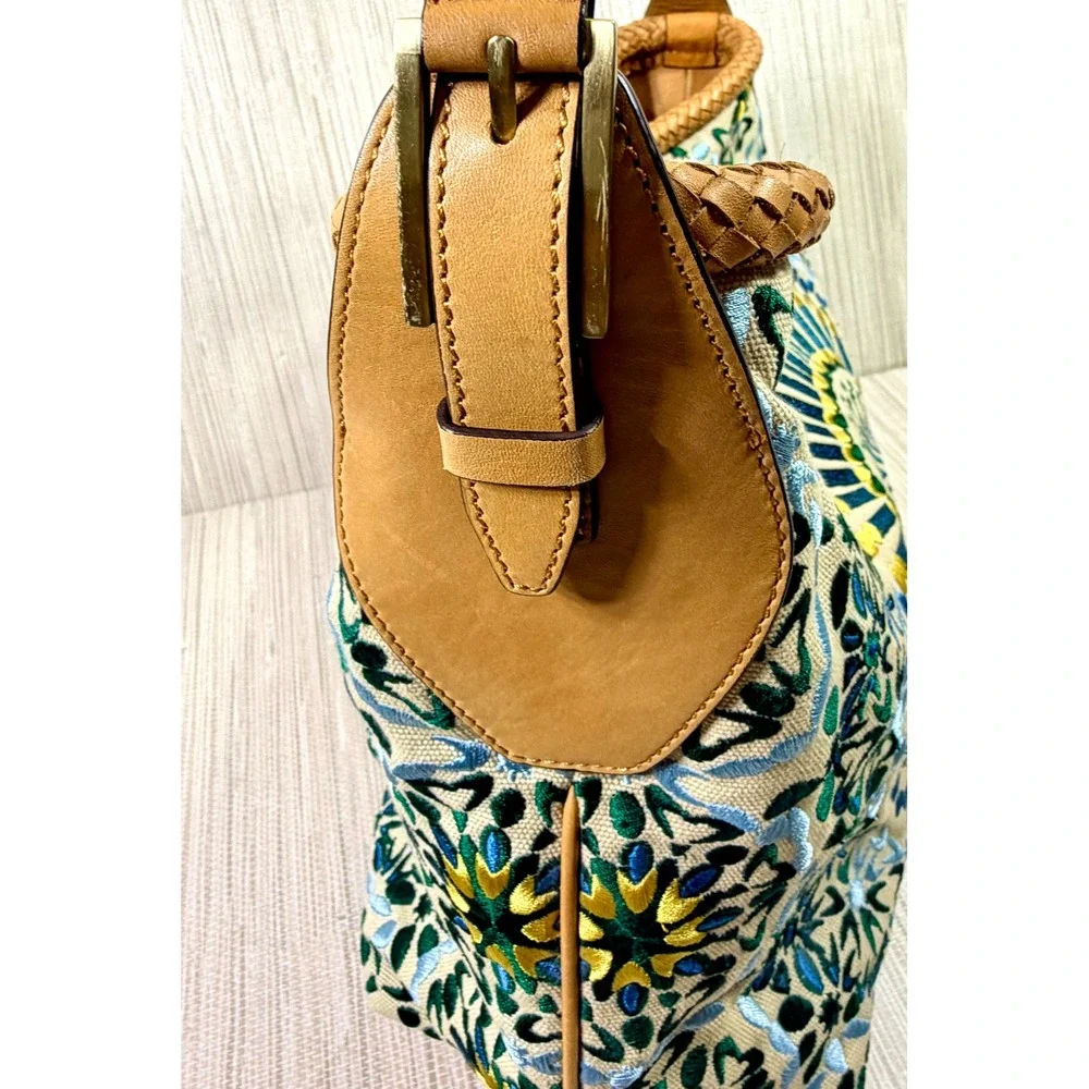 Cole Haan Embroidered Canvas Hobo Bag Tan Leather Trim Blue Green Floral Boho